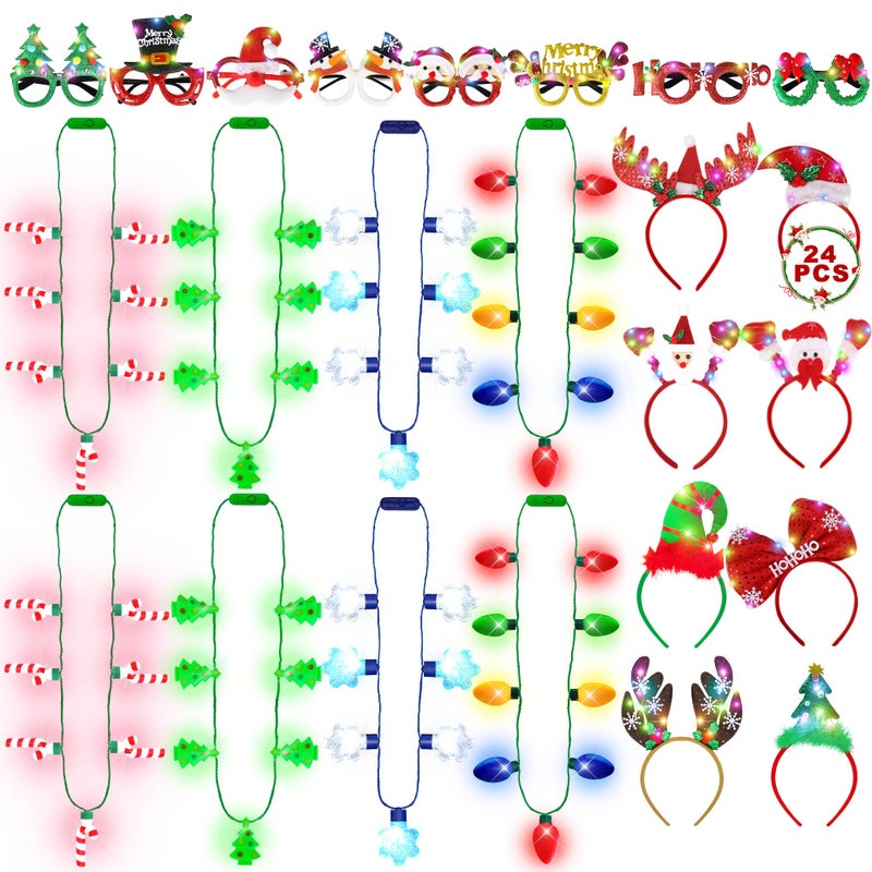 Blowata 24 PCS Christmas Party Favors  Light Up Candy Cane Snowflake Tree Bulb Necklace LED Headwear Glow Eyeglasses Set for Bulk Xmas Gifts  Christmas Ugly Sweater Party Supplies  Christmas Accessories - Image 1